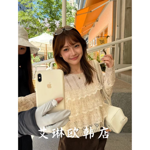 禁止机洗~X.XIU新袖26121秋款韩系圆领拼接蕾丝边镂空长袖针织衫