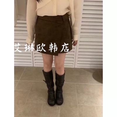 8.10~X.XIU新袖K530秋季款美拉德韩系不规则麂皮绒防走光裙裤女