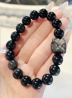 寺庙同款天然黑曜石醒狮手串银耀石手链小红书景区女款转运珠饰品