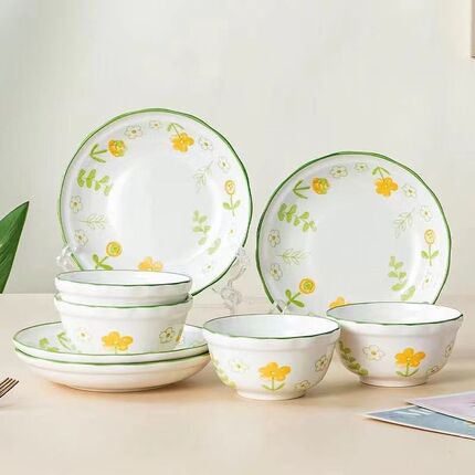 Dinnerware Set for Home Use 2024 New Model Fresh Style Rice Bowls, Plates, Chopsticks, Spoons, Food-Grade Underglaze Color Ceramic Tableware Fresh Design