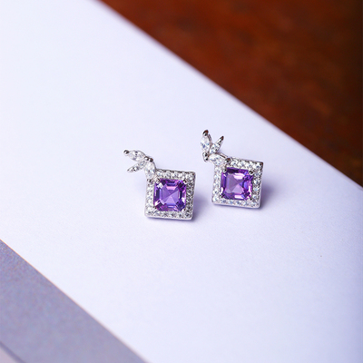 天然紫水晶方钻耳钉鹿角款
