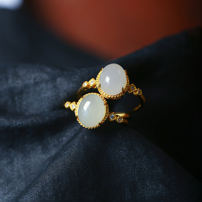 天然和田玉戒面纯银镶嵌款戒指 女款简约款戒圈饰品