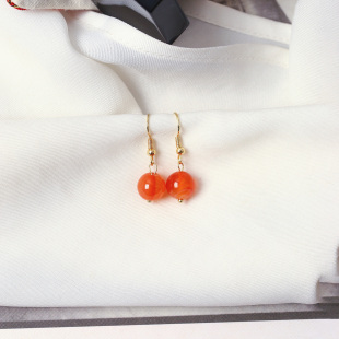 耳坠女红玛瑙耳饰礼物 天然红玛瑙圆珠电镀14K弯钩镶嵌款 特价 福利