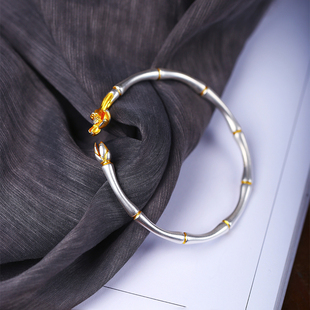 999足银描金竹节荷花莲蓬款手镯 女款纯银开口时尚镯子饰品礼物