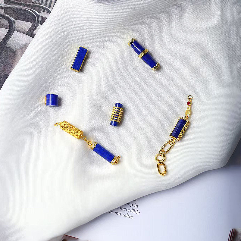 天然青金石纯银古法金镶嵌延长链桶珠吊坠配件 女款手工串珠材料