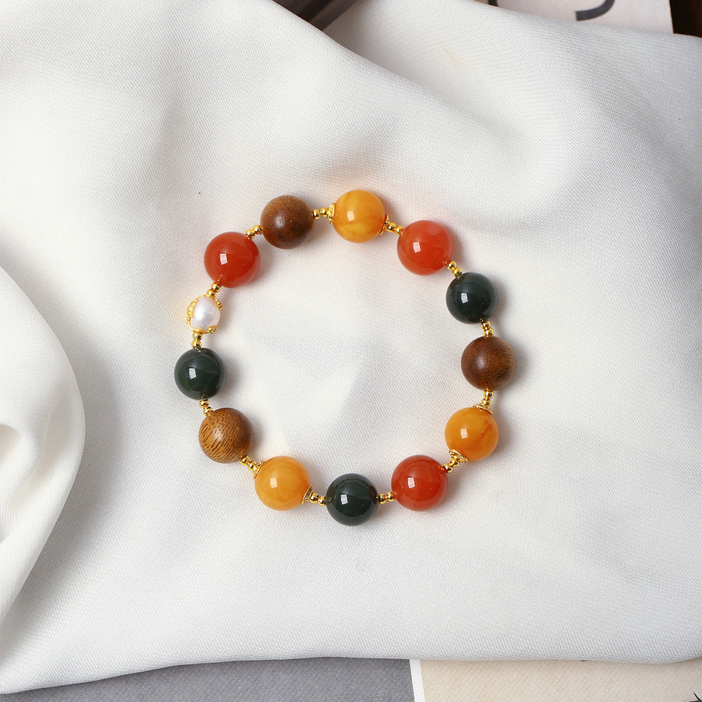 天然水晶多宝手链南红玛瑙珍珠碧玉檀木老蜜蜡单圈男女款水晶手串