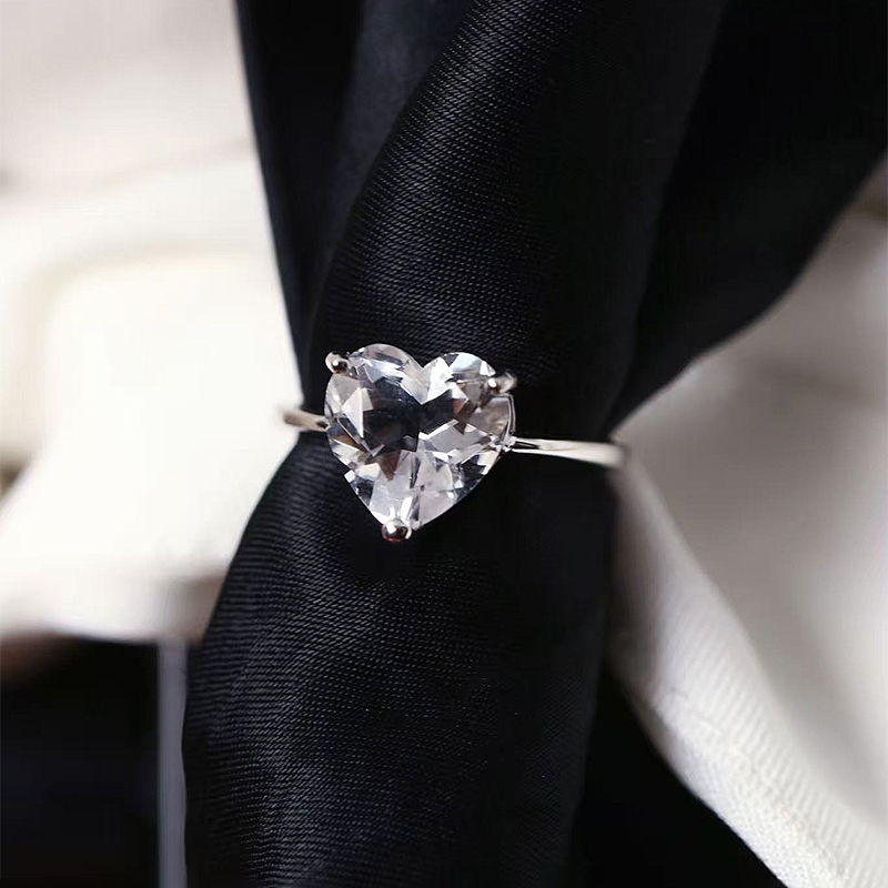 天然白水晶全净体爱心裸石纯银镶嵌款戒指 女款水晶戒指饰品礼物