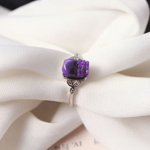 天然舒俱来皇家紫舒俱来雕刻小貔貅纯银镶嵌款戒指 女款戒指饰品