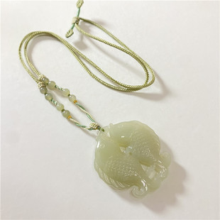 天然和田玉青玉晴水雕刻双鱼玉佩款吊坠毛衣链 女款玉石挂坠饰品