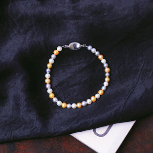 天然淡水珍珠灰金白三色原创手链单圈多宝拼色女款 手串 珍珠简约款