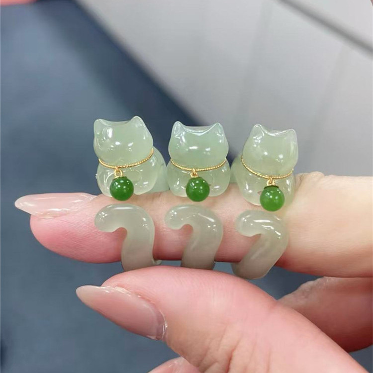 精品 天然和田玉冰晴水雕刻小猫18K金镶嵌款戒指女款玉石戒圈 57