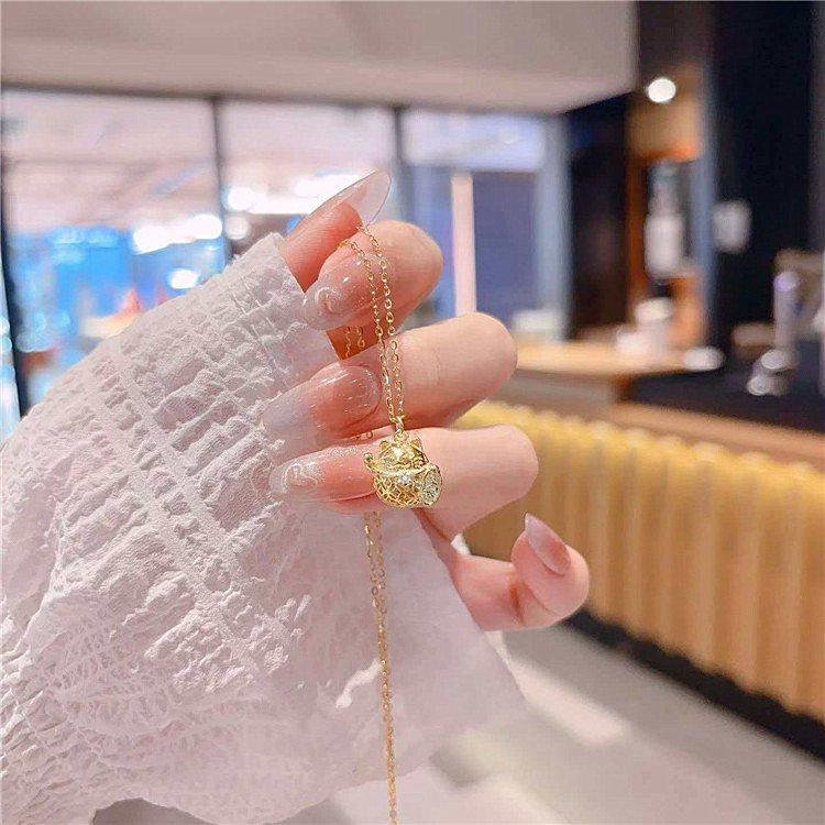 925纯银镀金镂空款招财猫吊坠项链 女款时尚锁骨链挂坠饰品礼物