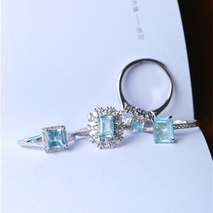 精品彩宝天然海蓝宝石净体裸石纯银镶嵌戒指女水晶戒指多样性发货