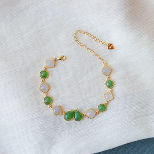 天然和田玉烟紫碧玉纯银镶嵌款手链女款玉石精工银镀金款手链饰品