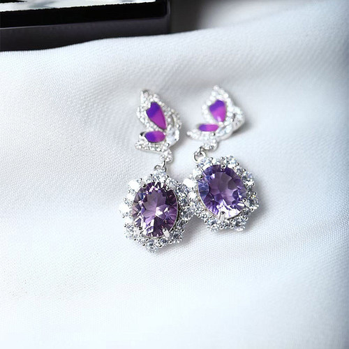 精品彩宝 天然紫水晶裸石纯银镶嵌款吊坠 女款彩宝水晶锁骨坠饰品