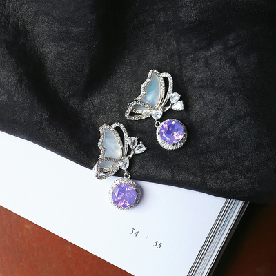 精品彩宝天然紫玉晶裸石纯银镶嵌蝴蝶款吊坠女款彩宝水晶吊坠饰品