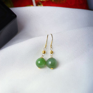 玉石简约款 女款 耳饰礼物 耳钩耳坠 天然俄罗斯碧玉圆珠18K金镶嵌款