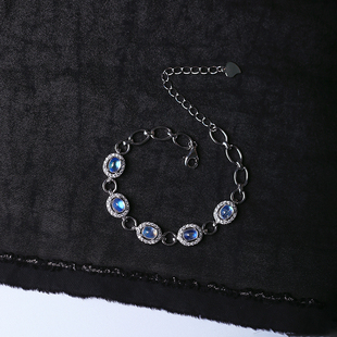 精品彩宝 天然玻璃体蓝月光纯银镶嵌手链 女款水晶月光银手串饰品