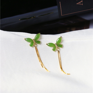 玉石简约款 女款 耳饰饰品礼物 耳钉 天然俄罗斯碧玉纯银镶嵌蝴蝶款
