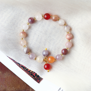 福利款 新疆料天然金丝玉手链戈壁玉圆珠原创红玛瑙手链 女款饰品
