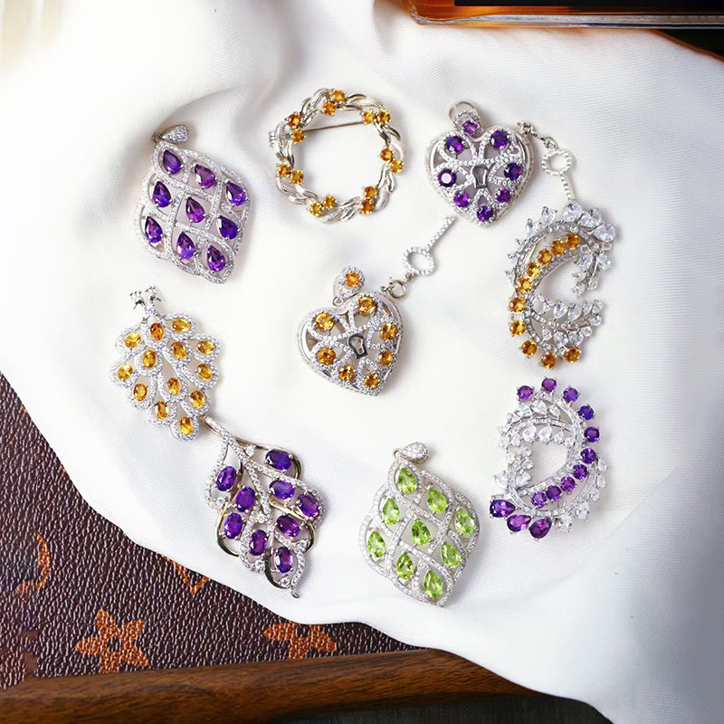 精品彩宝 天然紫水晶吊坠胸针黄水晶925银手工镶嵌装饰点缀锁骨链