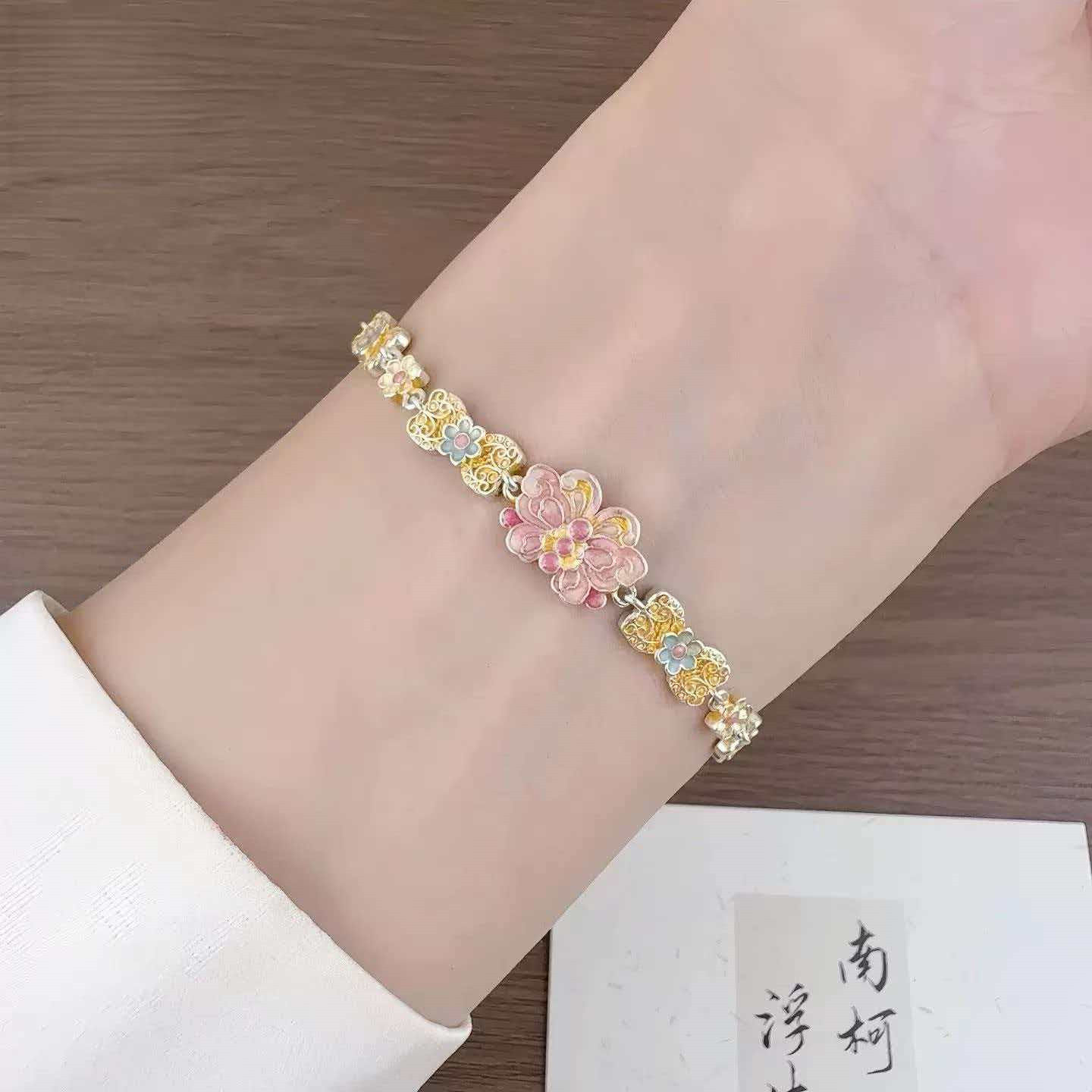 999纯银电镀黄金烧蓝彩绘花飞蝶舞款手链 高级感女款轻奢时尚纯银