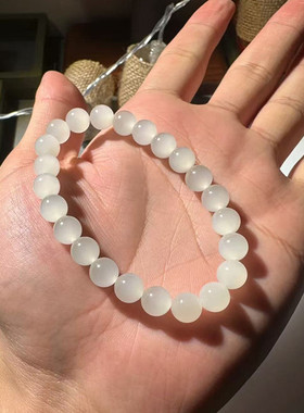 精品天然和田白玉冰猫眼料手链 女高端玉石手串起荧光饰品HN