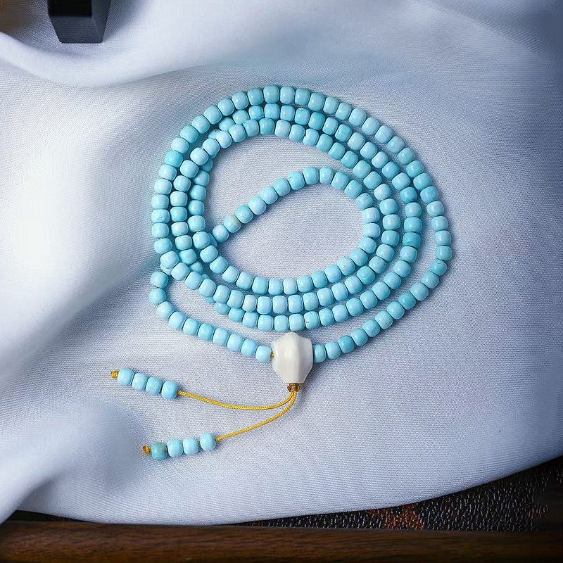 天然原矿高瓷绿松石老型珠佛珠链 搭配猛犸三通 女款绿松手链饰品