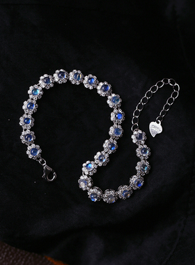 精品彩宝天然玻璃体月光石纯银镶嵌手链 女款高端彩宝银镶饰品