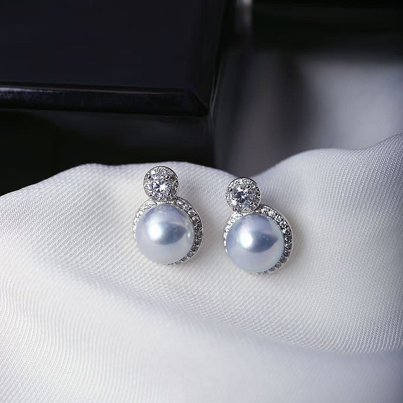 天然海水铂金灰珍珠耳钉925银镶珠光好女款简约珍珠耳饰