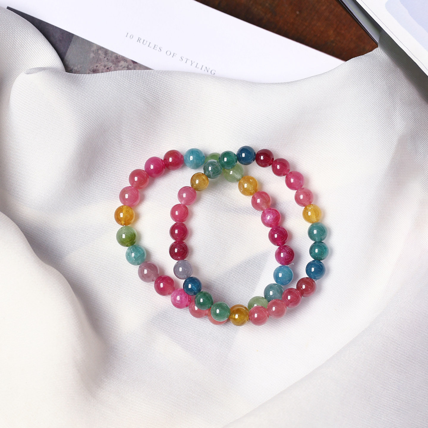 精品 天然水晶老矿碧玺糖果色圆珠手链 女款水晶彩虹碧玺手串饰品