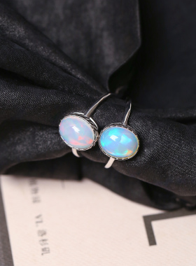 天然欧珀蛋面裸石纯银镶嵌款戒指 可调节火彩好 女彩宝指环饰品