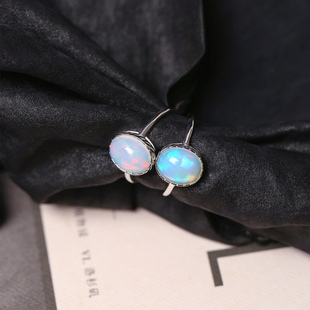 天然欧珀蛋面裸石纯银镶嵌款戒指 可调节火彩好 女彩宝指环饰品