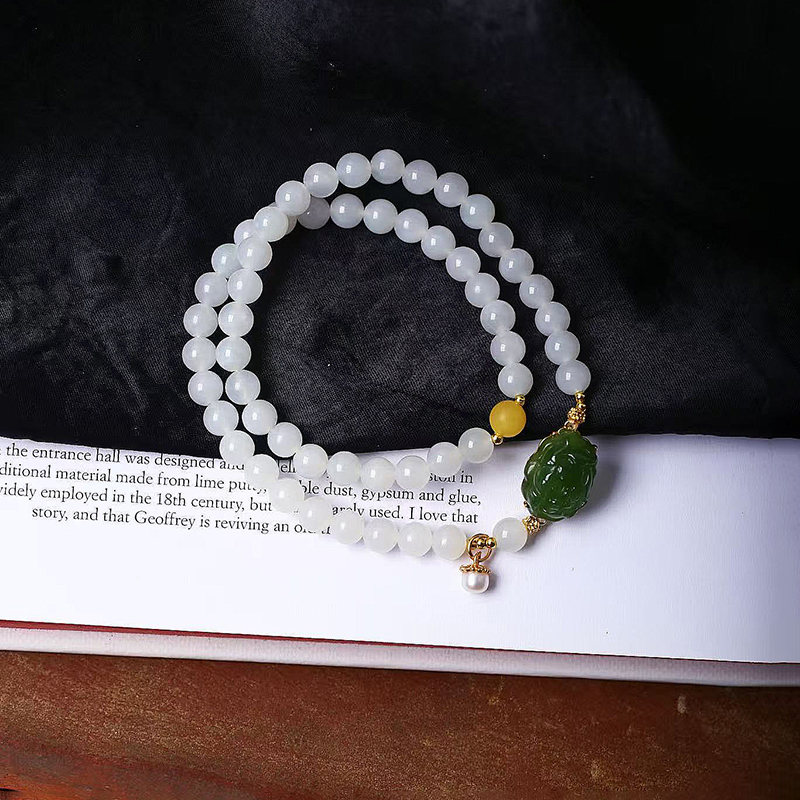 天然和田玉老料白玉圆珠搭配碧玉配件原创款手链女款玉石手串饰品