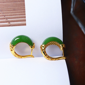 天然俄罗斯碧玉菠菜绿纯银镶嵌款耳扣耳环 女款玉石精品耳饰礼物