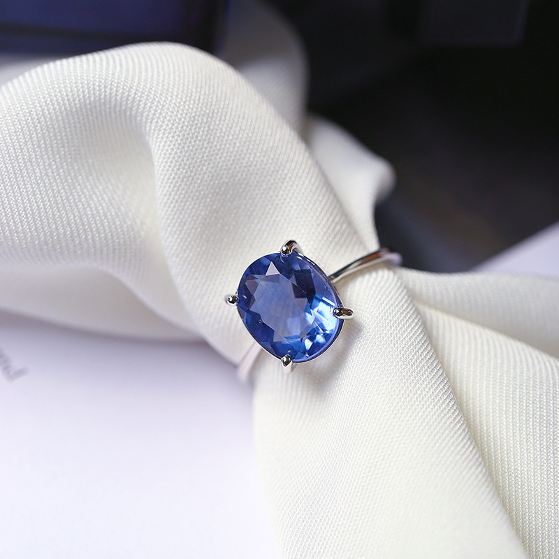 精品彩宝天然蓝色萤石全净体裸石纯银镶嵌款戒指女款水晶戒指饰品
