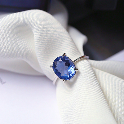 精品彩宝天然蓝色萤石全净体裸石纯银镶嵌款戒指女款水晶戒指饰品