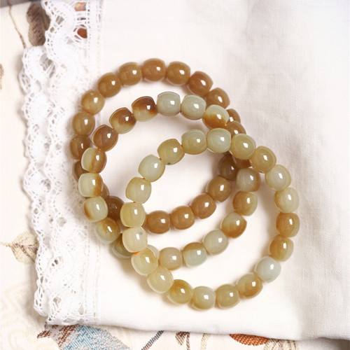 天然和田玉糖料金糖色直切桶珠款单圈手链 男女款玉石手链饰品