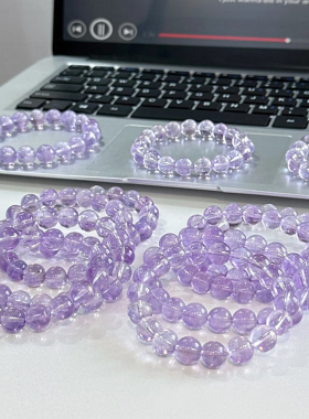 天然透体玻利维亚薰衣草紫水晶圆珠款手链 女款紫色水晶手串