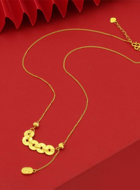 足银镀金五帝钱款项链锁骨链送闺蜜饰品 女款简约饰品礼物