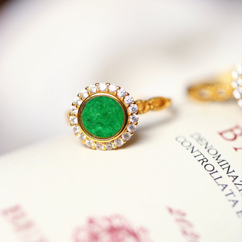 天然A货翡翠缅甸料花青戒面纯银镶嵌款戒指 女款翡翠指环饰品