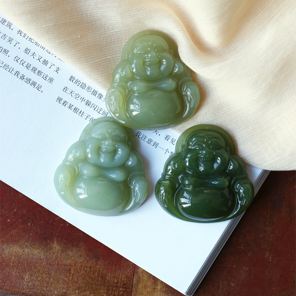 天然和田玉青玉雕刻弥勒佛款吊坠 女款玉石毛衣链挂坠饰品礼物