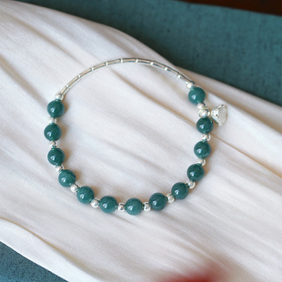 翡翠 女款 6.8MM天然A货翡翠蓝水料圆珠搭配银弯管原创款 手链