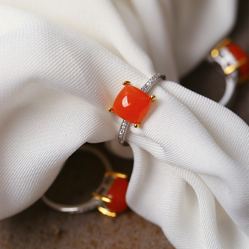 天然南红玛瑙戒指樱桃红方糖925银镶嵌戒指界面成色好女南红饰品