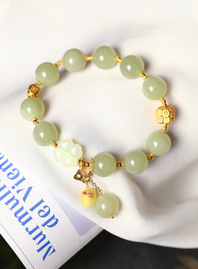 天然和田玉黄口料圆珠原创搭配款手链 女款玉石手串设计款饰品