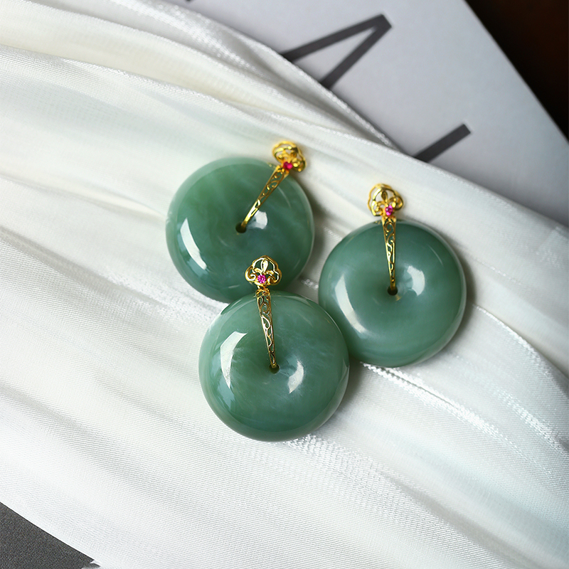 料子好 天然俄罗斯碧玉平安扣粉青猫眼老料18K金吊坠男女玉石挂坠