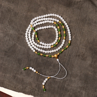 天然和田玉老料白玉圆珠多圈手链搭配碧玉珠子原创款手链女款饰品