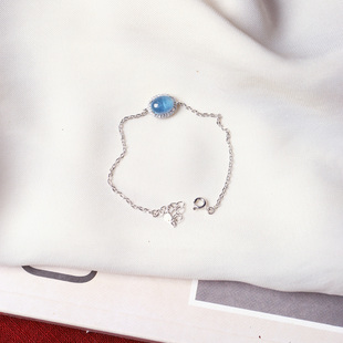天然海蓝宝蛋面925纯银镶嵌款手链 女款水晶彩宝银手串清新款手链