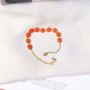 天然保山料南红玛瑙冰红纯银镶嵌方糖手链 南红925银手串饰品 女款