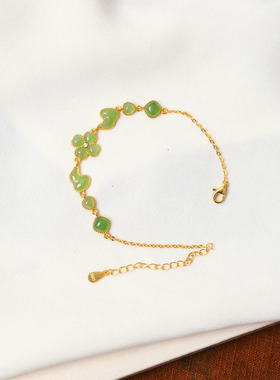 天然和田玉碧玉纯银镶嵌葫芦四叶草款手链 女款玉石镶嵌款饰品